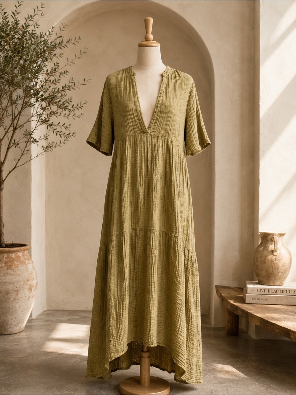 Anthropologie Olive Green V-Neck Tiered Maxi Dress
